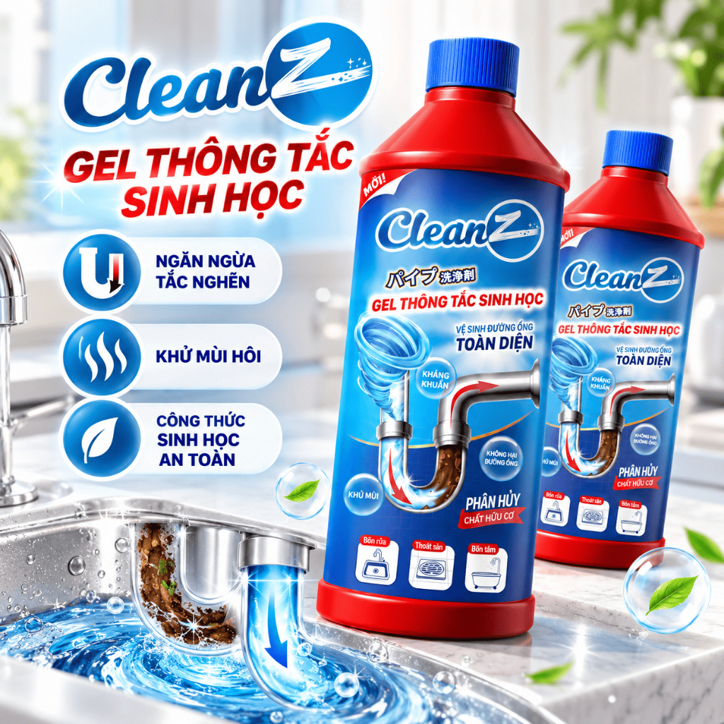Gel sinh học CleanZ phòng tắc nghẽn, vệ sinh đường ống rửa bát, rửa mặt, khử mùi hôi hiệu quả