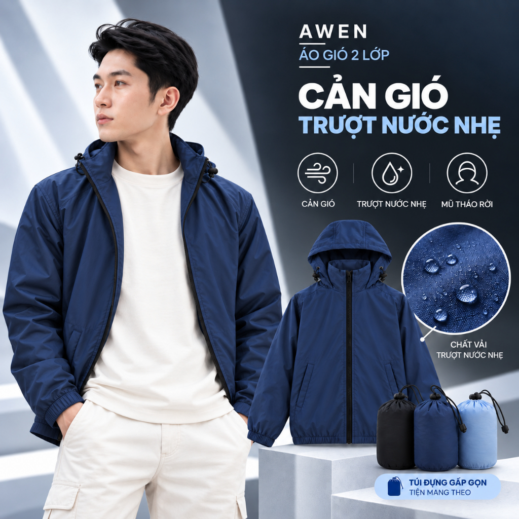 Áo Khoác Gió Nam AZIZO Chống Gió Chống Nắng Nhẹ, Áo Gió Nam Basic Mặc Đi Làm Đi Chơi