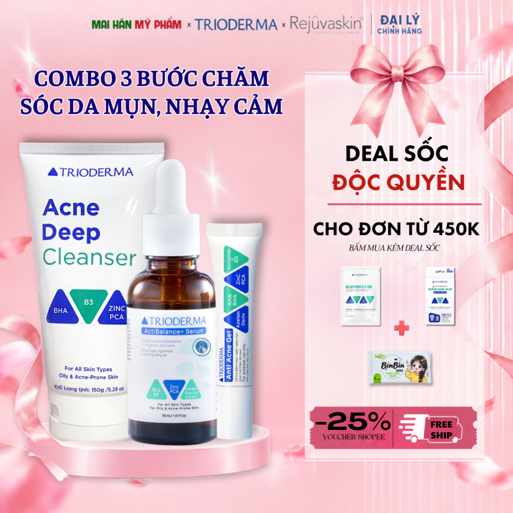 Combo 3 bước dành cho da dầu mụn gel mụn & sữa rửa mặt & serum Trioderma 15g, 150g, 30ml
