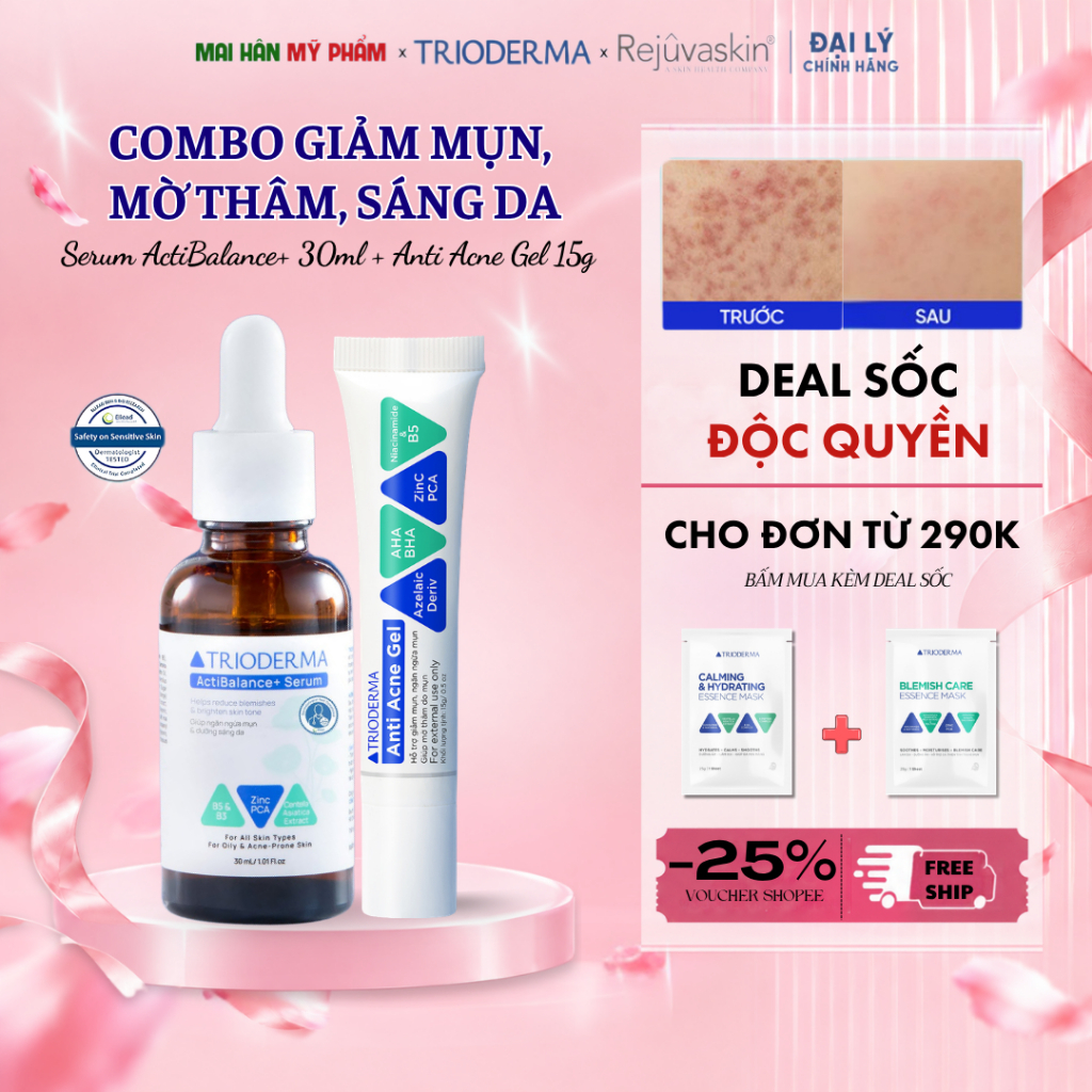 Combo Gel Mụn & Serum Trioderma Giảm Mụn Mờ Thâm Sáng Da Cho Da Dầu Mụn, Da Nhạy Cảm chính hãng