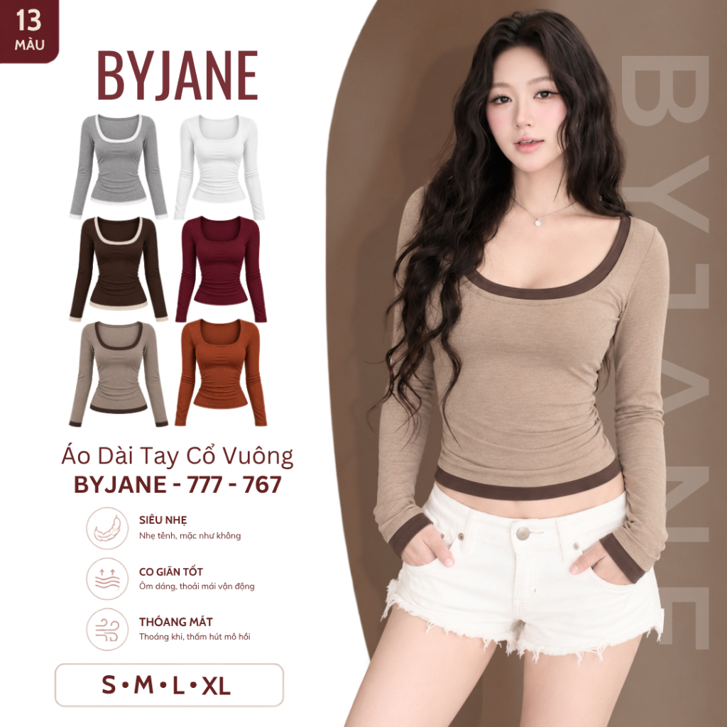 Áo Thun Nữ Dài Tay Cổ Vuông Ôm Body Chất Cotton Co Giãn 4 Chiều Mềm Mịn Tôn Dáng Basic BYJANE – 767-777