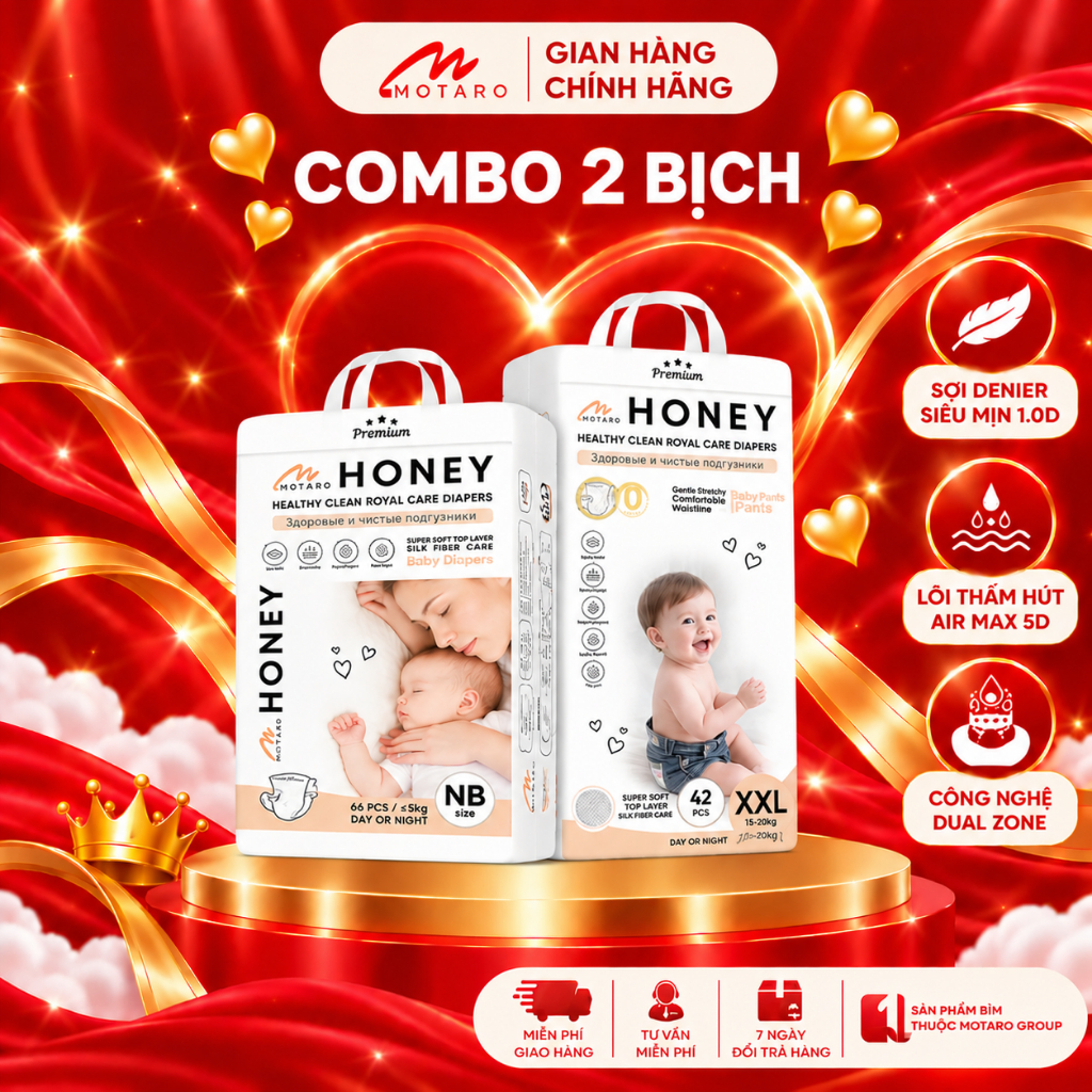Combo 2 Bỉm Quần Honey Premium Size NB/S/M/L/XL/XXL/3XL/4XL Cho Bé 3-20kg Đai Chun Co Giãn, Mềm Mịn, Thấm Hút Tốt