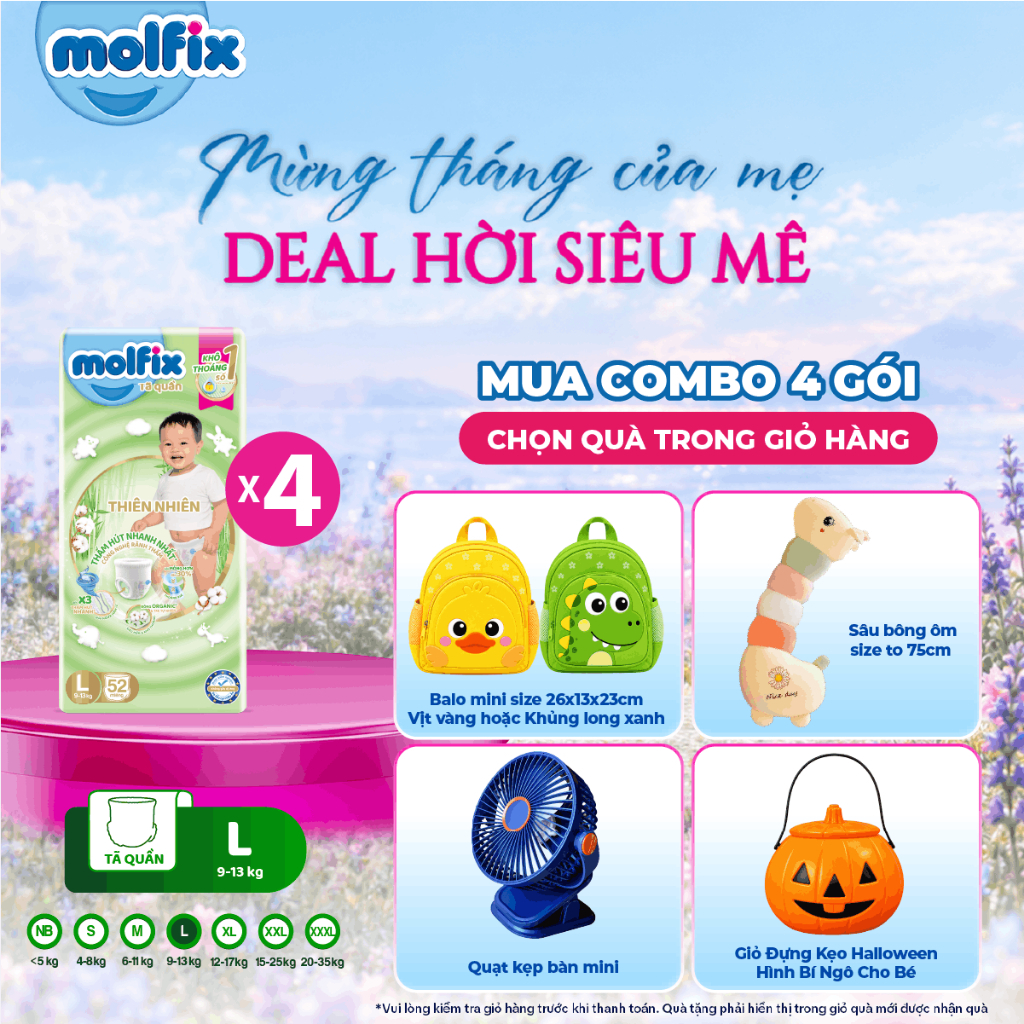 Combo 4 Tã/bỉm quần Molfix Thiên nhiên Super Jumbo đủ size M56/L52/XL46/XXL42
