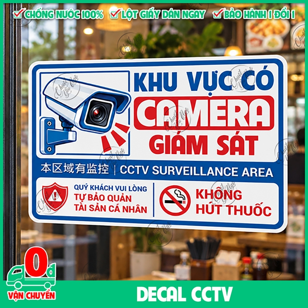 Miếng dán CCTV in operation khu vực có camera quan sát Tặng 01 hình dán mini NGẪU NHIÊN nhãn sticker decal decor