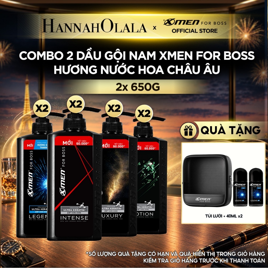 Combo 2 Dầu Gội Nam XMen for Boss 650g/chai Hương Nước Hoa Châu Âu Intense/Luxury/Legend