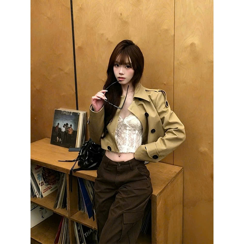 CR0510-ÁO CROPTOP NÂU RÊU DÀI TAY CỔ SOMI ĐÍNH CÚC ĐEN
