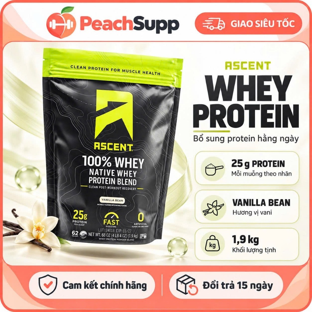 Ascent Native Whey Protein Vanilla – Whey Isolate Blend – Bổ Sung Protein