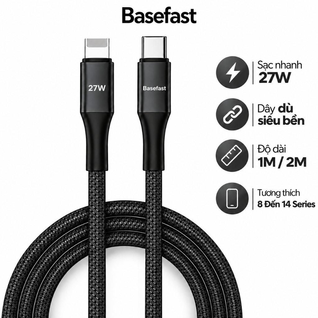 Cáp sạc nhanh 20W Basefast dây bọc dù dài 1m 2m siêu bền cho Phone xsm xs 12…