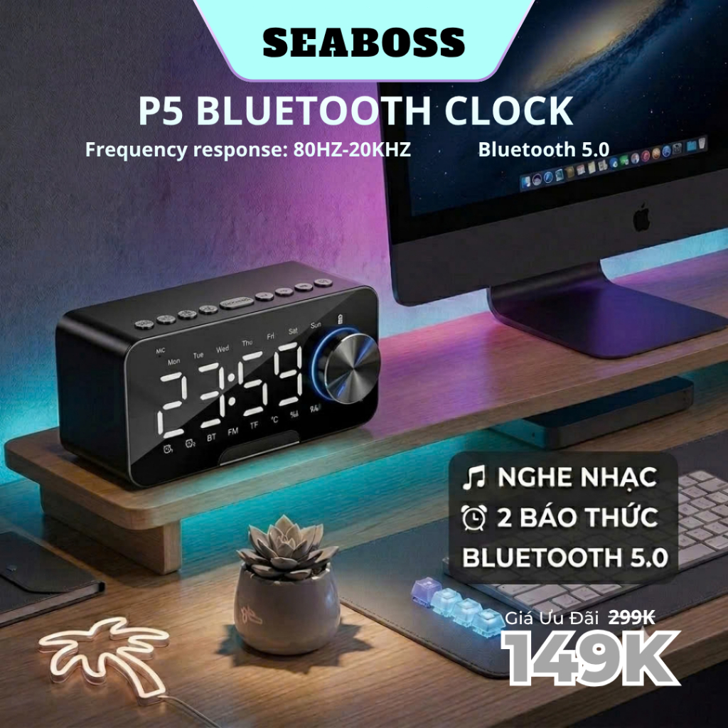 Loa Bluetooth Đồng Hồ Báo Thức P5 LED Gương – FM Radio, Nhiệt Độ, Báo Thức…