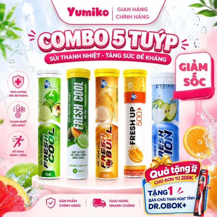 Combo 5 Tuýp Sủi Thanh Nhiệt Mát Gan Fresh Cool Dưa Lưới, Sủi Tăng Lực Fresh Bull, Bù Nước Điện Giải Ion, Sủi C 500mg