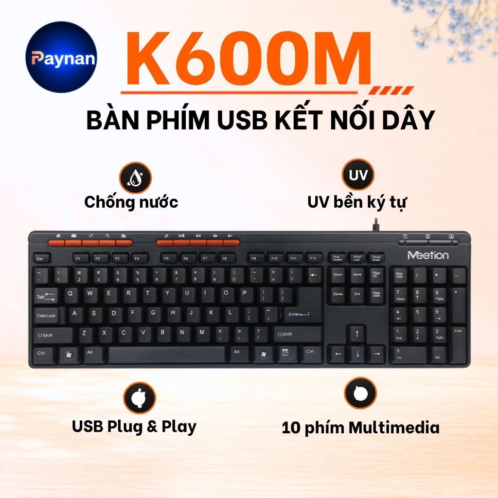 Bàn phím văn phòng chống ồn Meetion K600M, 104 phím gõ êm ái, thiết kế Ergonomic, keycap gia công UV độ bền cao