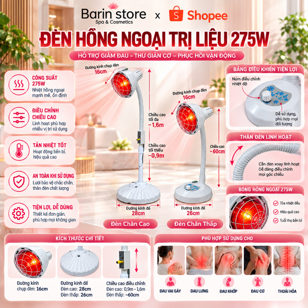 Đèn Hồng Ngoại 275W Dùng Sưởi Ấm,Trị Liệu Giảm Đau Mỏi Có Điều Chỉnh…