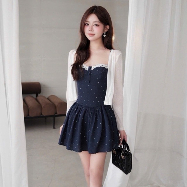 Set 2 món : Đầm nữ 2dây cúp ngực pha ren chiết eo xoè nhẹ kèm áo choàng cardigan -2 màu xinh xắn cao cấp