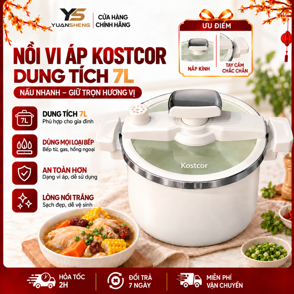 Nồi Áp Suất Kostcor , Nồi Vi Áp Kostcor 7L Dùng Bếp Từ, Bếp Gas, Giữ Nhiệt Tốt, Nấu Hầm Nhanh