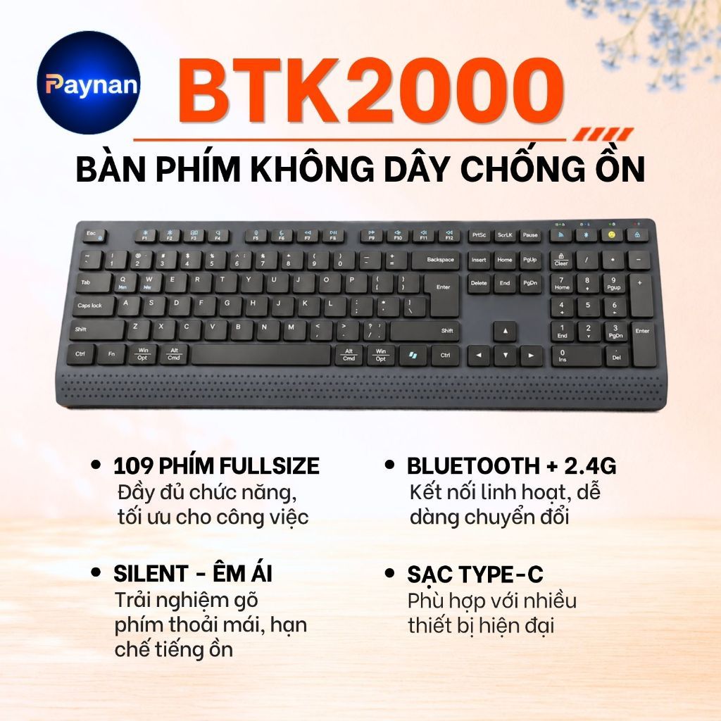 Bàn phím không dây Meetion BTK2000 Dual Mode Bluetooth/USB 2.4G, 109 phím Silent, pin sạc 300H