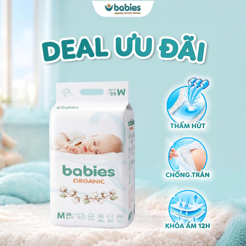 Tã Dán BABIES ORGANIC Size NB/S/M/L, Siêu Mềm Mịn, Thấm Hút Tức Thì, An Toàn, Dịu Nhẹ Với Làn Da Bé