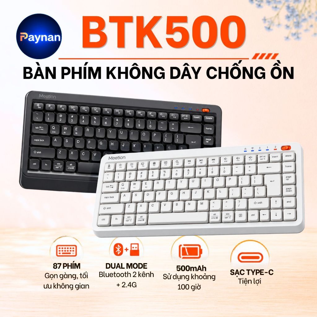 Bàn phím không dây Meetion BTK500 chống ồn dual mode Bluetooth + USB 2.4G 87 phím pin sạc sử dụng lên đến 100 giờ