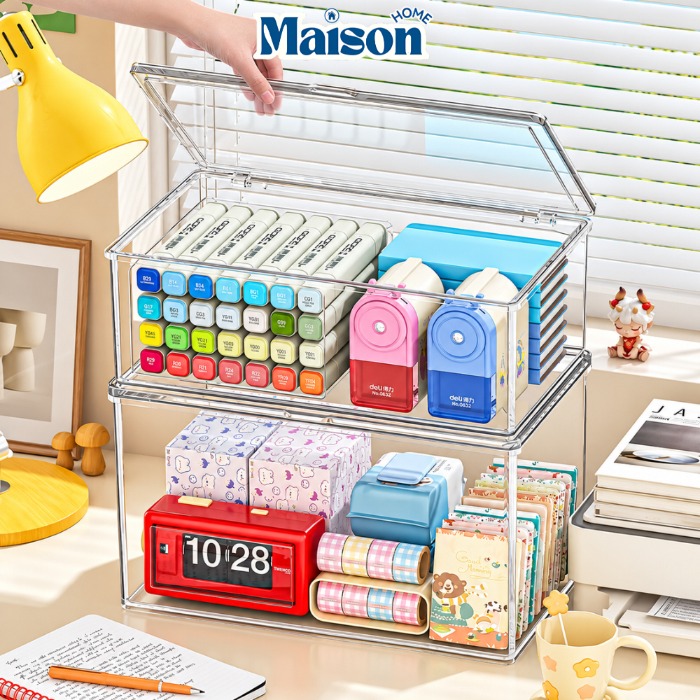 Hộp Nhựa Trong Suốt Đựng Đồ Bàn Làm Việc Có Nắp Đậy Kín, Hộp Lưu Trữ Đa Năng Xếp Chồng Tiện Lợi, Phong Cách Hàn Quốc