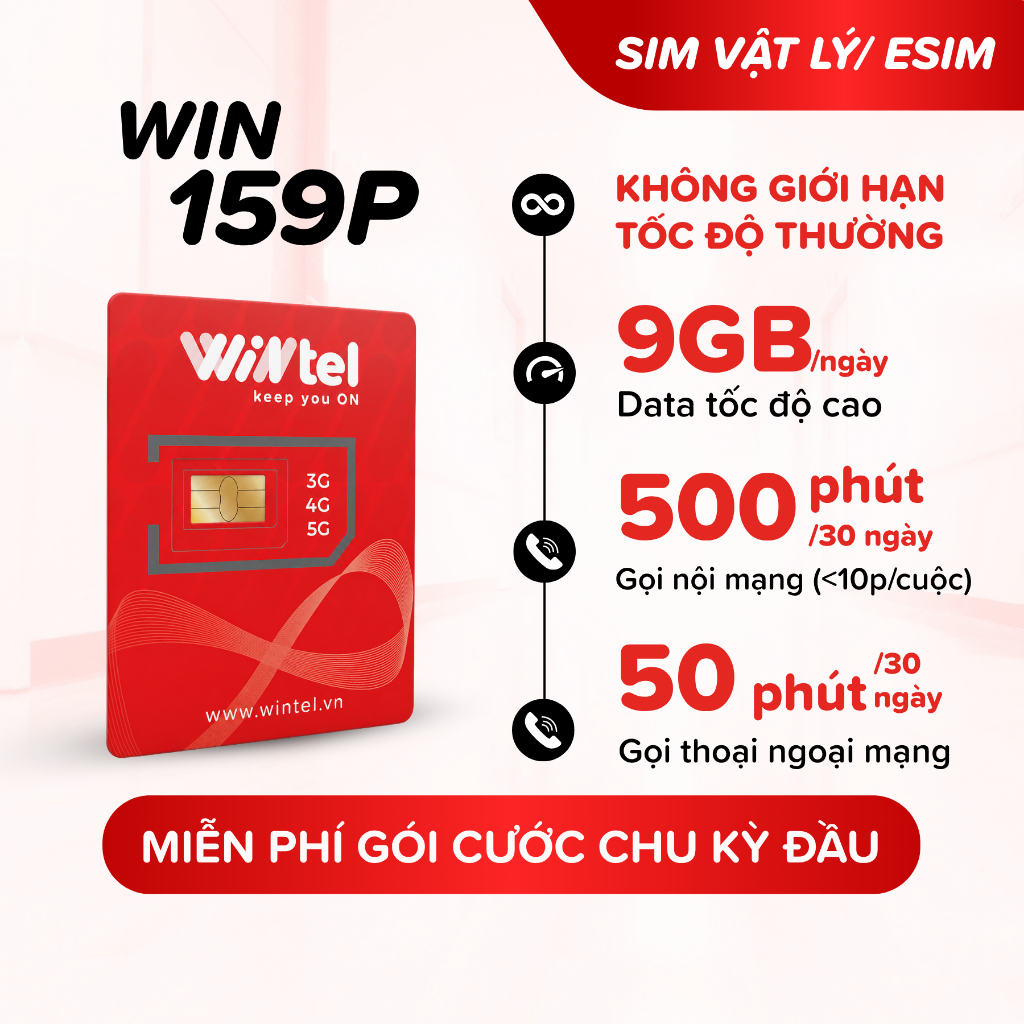 SIM 4G Wintel WIN159P - SIM Data Không Giới Hạn Kèm Ưu Đãi Gọi Thoại - Miễn Phí Gói Cước Tháng Đầu
