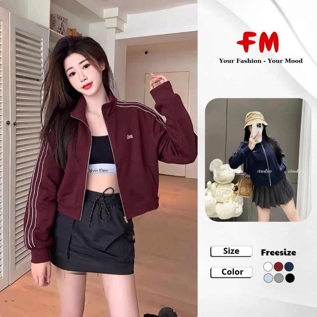 FMSTYLE Khoác Nỉ Nữ Trơn cổ trụ 3 sọc vai thêu chữ Nhiều Màu Freesize 26091009