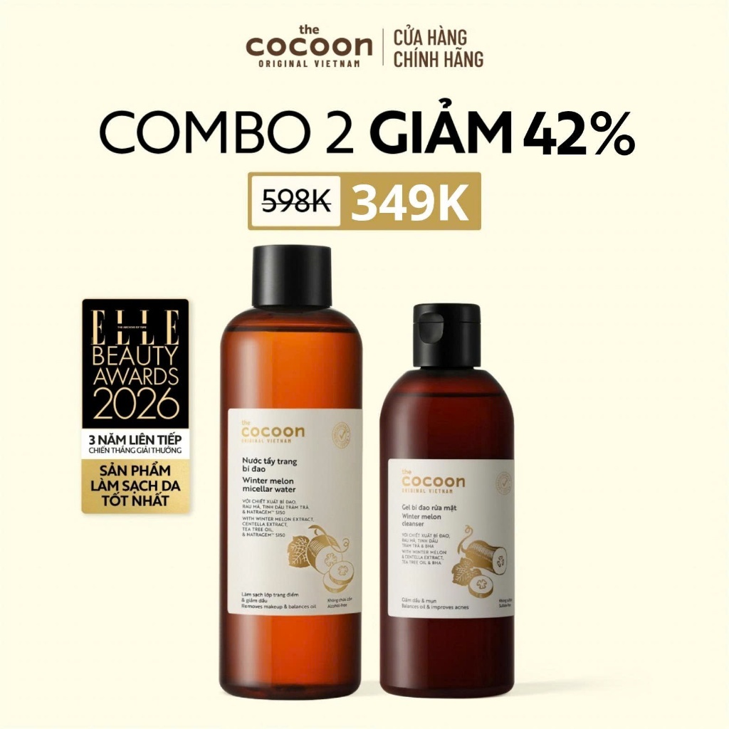 Combo Nước tẩy trang bí đao 500ml & Gel rửa mặt bí đao 310ml Cocoon