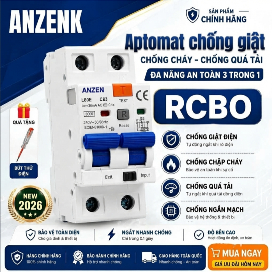 Aptomat Chống Giật ANZENK C63 RCBO Chống dòng rò Bảo vệ quá tải và ngắn mạch…