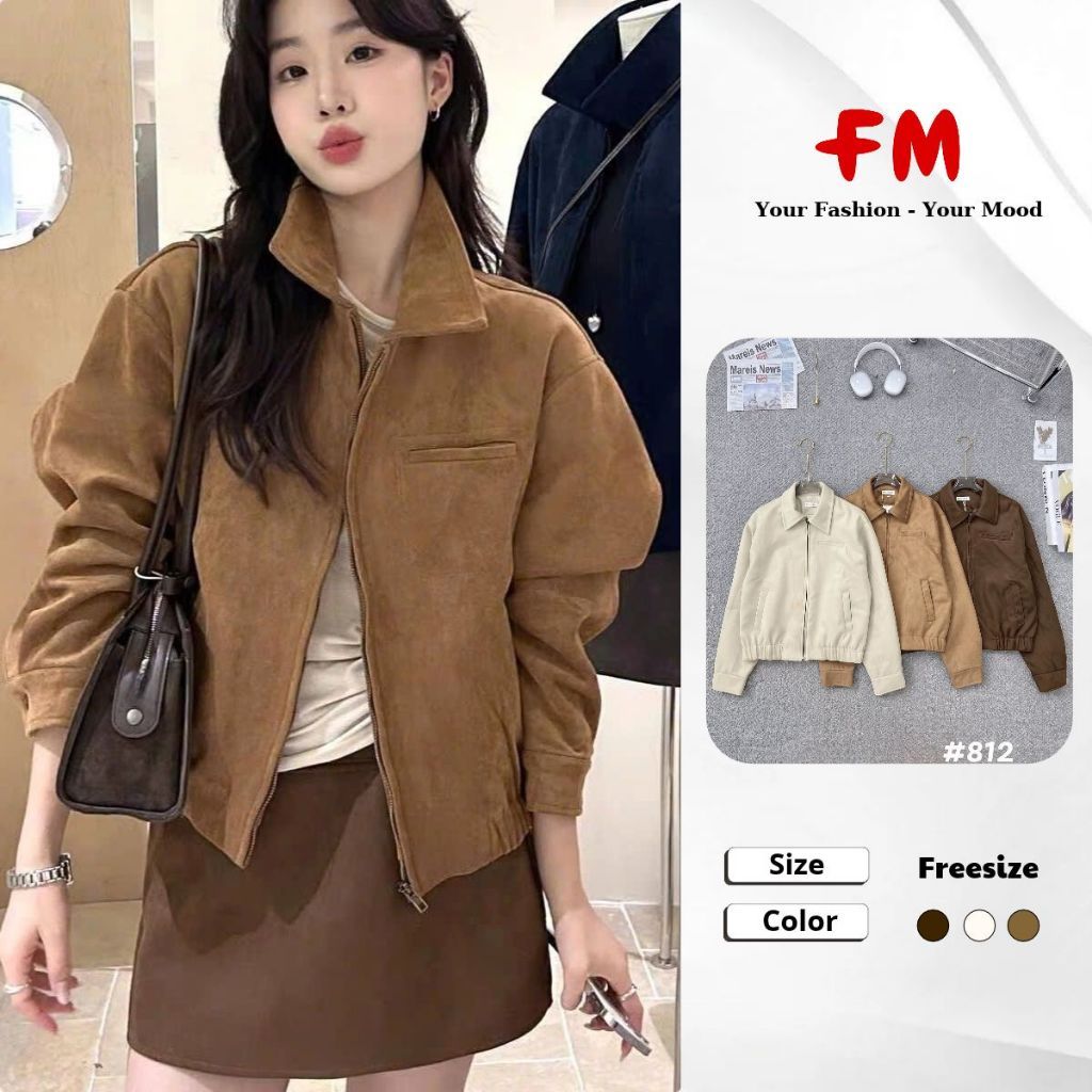 FMSTYLE Khoác Da Nữ Trơn Da lộn cổ bẻ 1 túi ngực 3 Màu Siêu Xinh Freesize 26100227