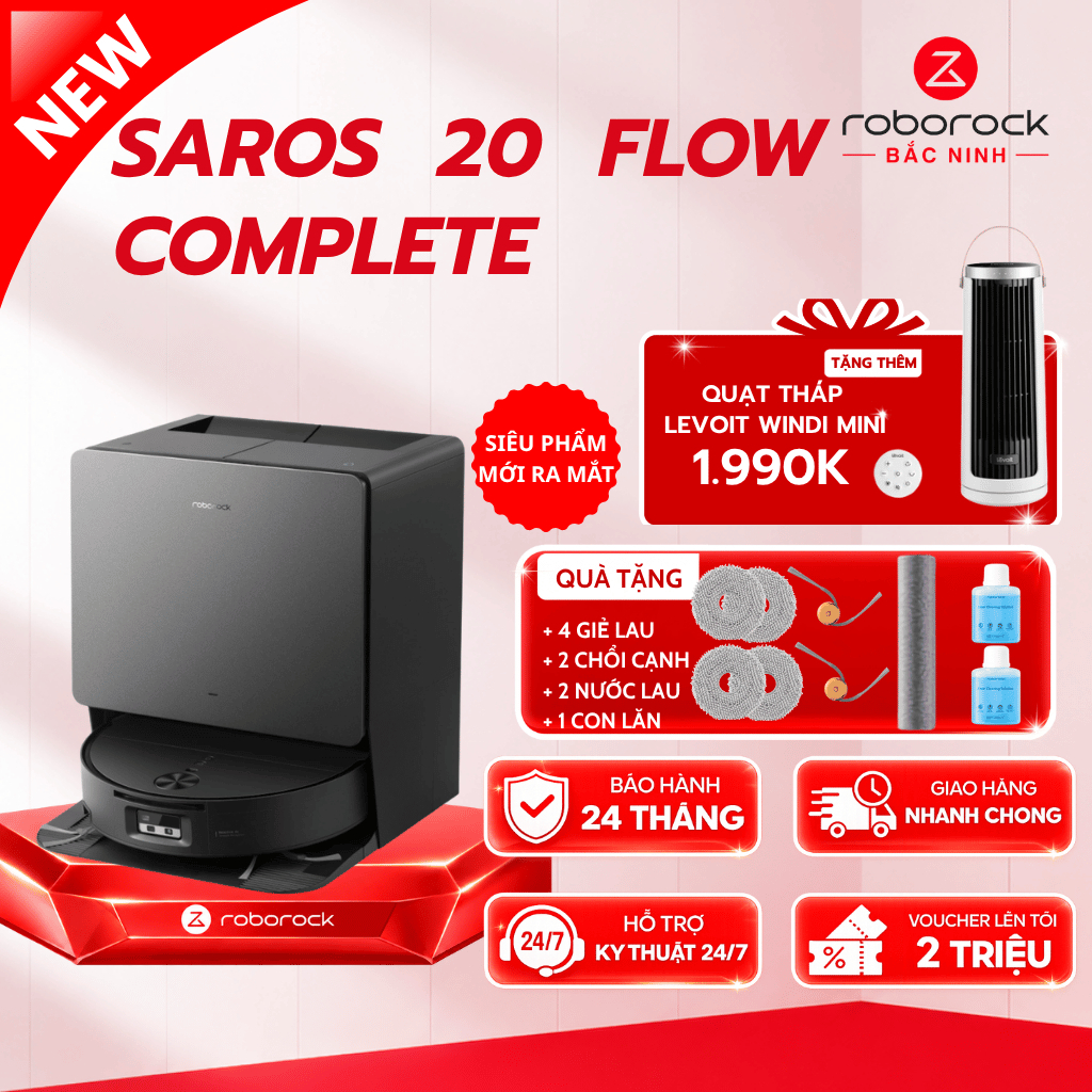 [NEW] Roborock Saros 20 Flow Complete | Con lăn 27cm | 36.000PA | Mỏng 8.98cm | 2 chổi cạnh xòe rộng | Radar cao cấp