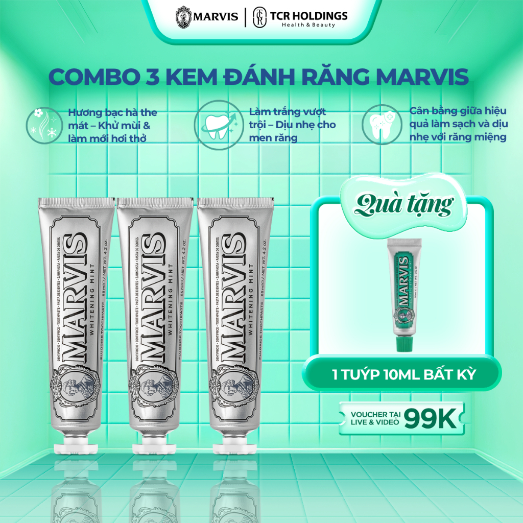 Combo 3 Tuýp Kem Đánh Răng Marvis Fullsize 75ML hỗ trợ trắng răng, thơm miệng