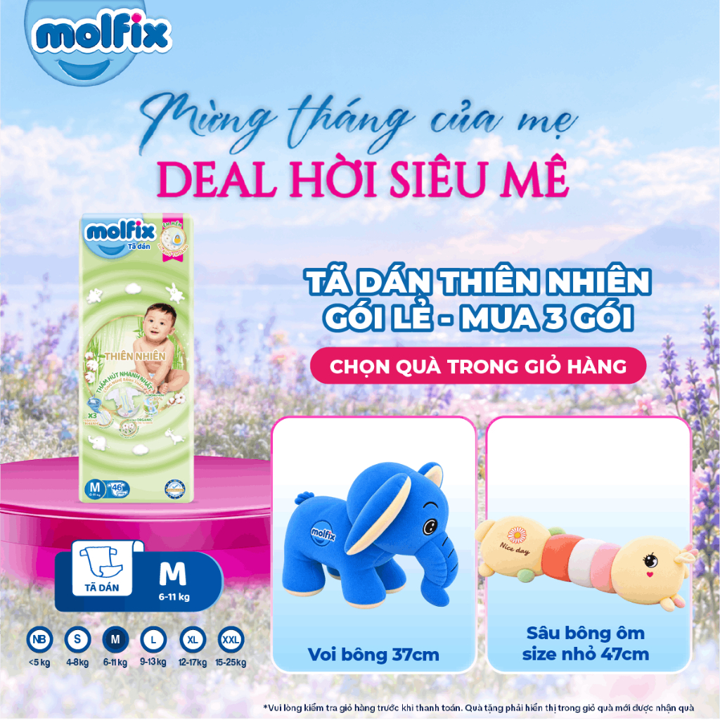 Tã dán thiên nhiên Molfix Jumbo đủ các size NB70/S54/M46/L46/XL44 cho Bé