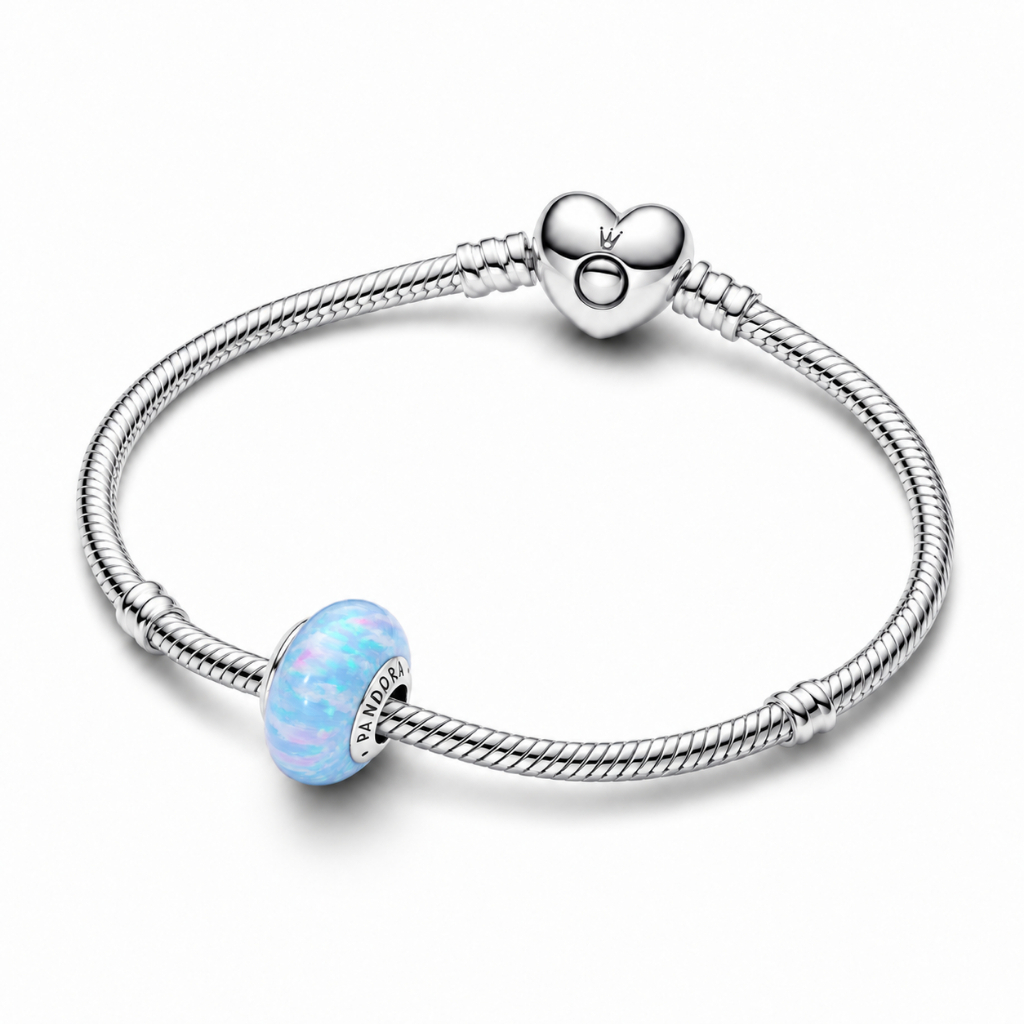 Vòng Tay Bạc Pandora Moments Khóa Trái Tim mix charm Murano Xanh Đại Dương - Giữa Làn Nước Biếc - Be