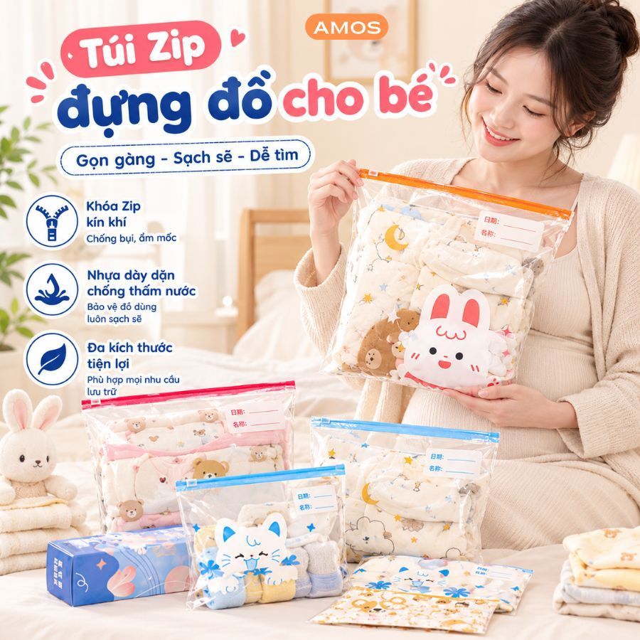 20 Túi Zip Đựng Đồ Đi Sinh cho mẹ tiện lợi AMOS, Túi đựng quần áo, đồ dùng, tã…