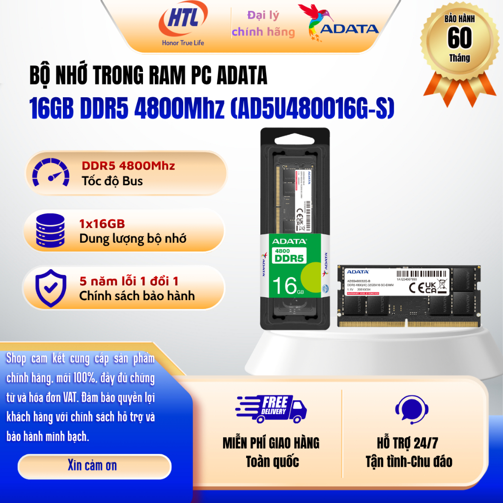 Ram Desktop ADATA 16GB (1x16GB) DDR5 4800Mhz (AD5U480016G-S) - Bảo hành 5 năm
