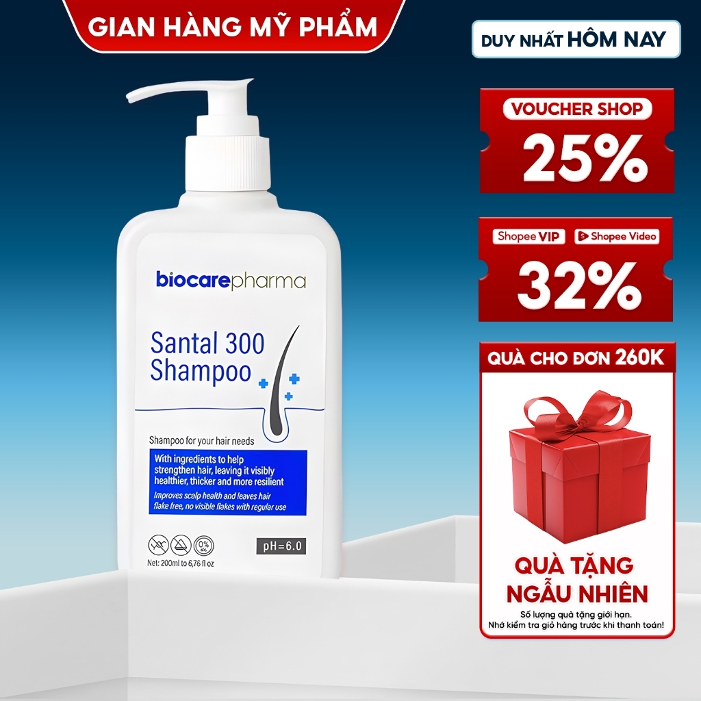 Dầu gội dược liệu BIO CARE PHARMA giảm gàu, nấm ngứa da đầu Santal 300 Shampoo 200ml