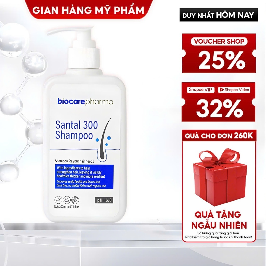 Dầu gội dược liệu BIO CARE PHARMA giảm gàu, nấm ngứa da đầu Santal 300 Shampoo 200ml