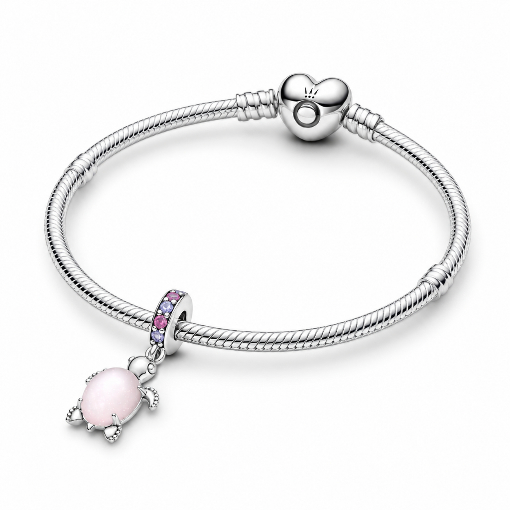 Vòng Tay Bạc Pandora Moments Khóa Trái Tim Mix Charm Rùa Biển Murano Hồng - Sắc Hồng Biển Khơi - Oce