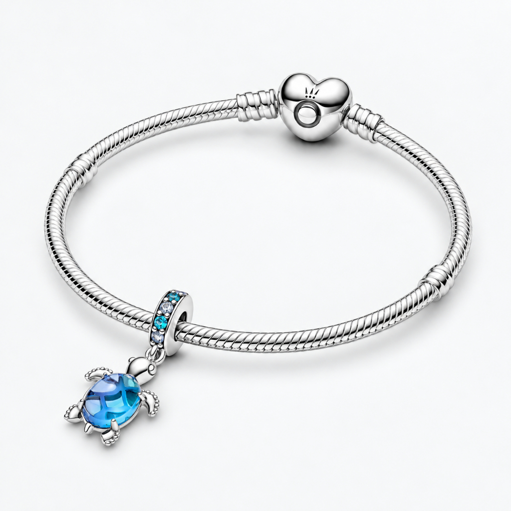 Vòng Tay Bạc Pandora Moments Khóa Trái Tim Mix Charm Rùa Biển Murano Xanh - Sắc Xanh Đại Dương - Oce