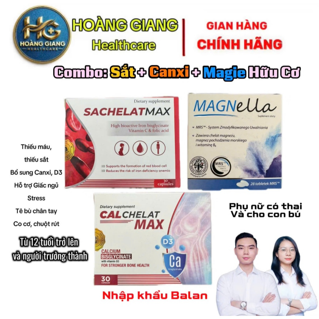 [Sắt + Canxi + Magie Hữu Cơ Cho Bà Bầu Và Người Cần Bổ Sung] Sachelat Max, Calchelat Max Và Magnella