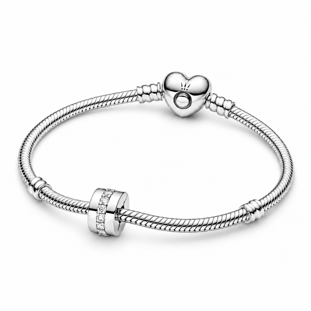 Vòng Tay Bạc Pandora Moments Khóa Trái Tim Mix Charm Bấm Đính Đá CZ - Điểm Nhấn Lấp Lánh - Sparkling