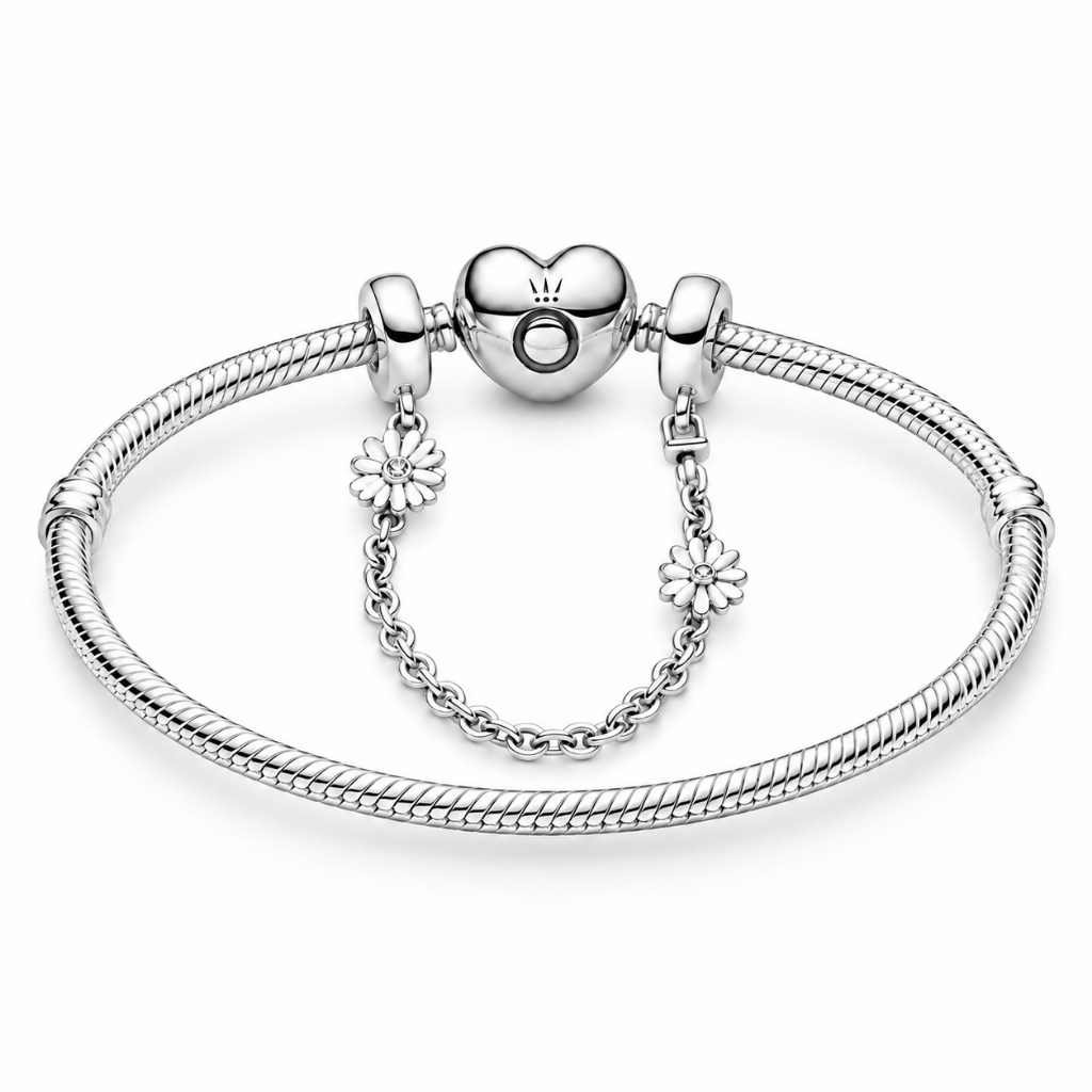 Vòng Tay Bạc Pandora Moments Khóa Trái Tim Mix Charm Xích Hoa Cúc - Mùa Hoa Thương Nhớ - Love in Blo