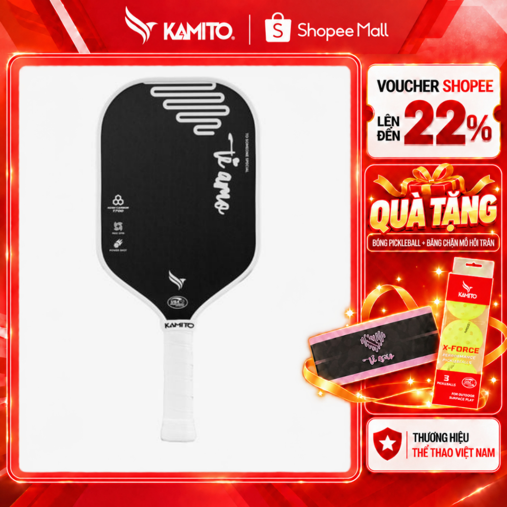 Vợt pickleball Kamito Tiamo, mặt vợt carbon nhám, nhẹ, ổn định, bền bỉ