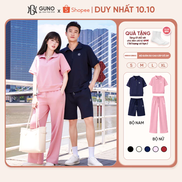 [BST Modal Cool 2026] Bộ Quần Áo Nam Nữ GUNO Cao Cấp Cổ Bẻ Kèm Quần Suông Logo Thêu 26BG01/26BB02