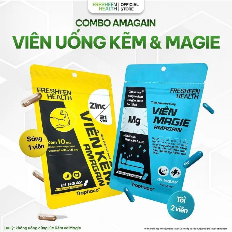 Combo Kẽm + Magie Amagain dùng nguyên liệu Kẽm và Magie Bisglycinate Chelamax nhập Innophos phân phố