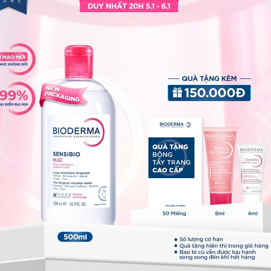 Nước Tẩy Trang Bioderma Sensibio H2O Chính Hãng Cho Da Dầu Mụn Và Da Nhạy Cảm 500ml