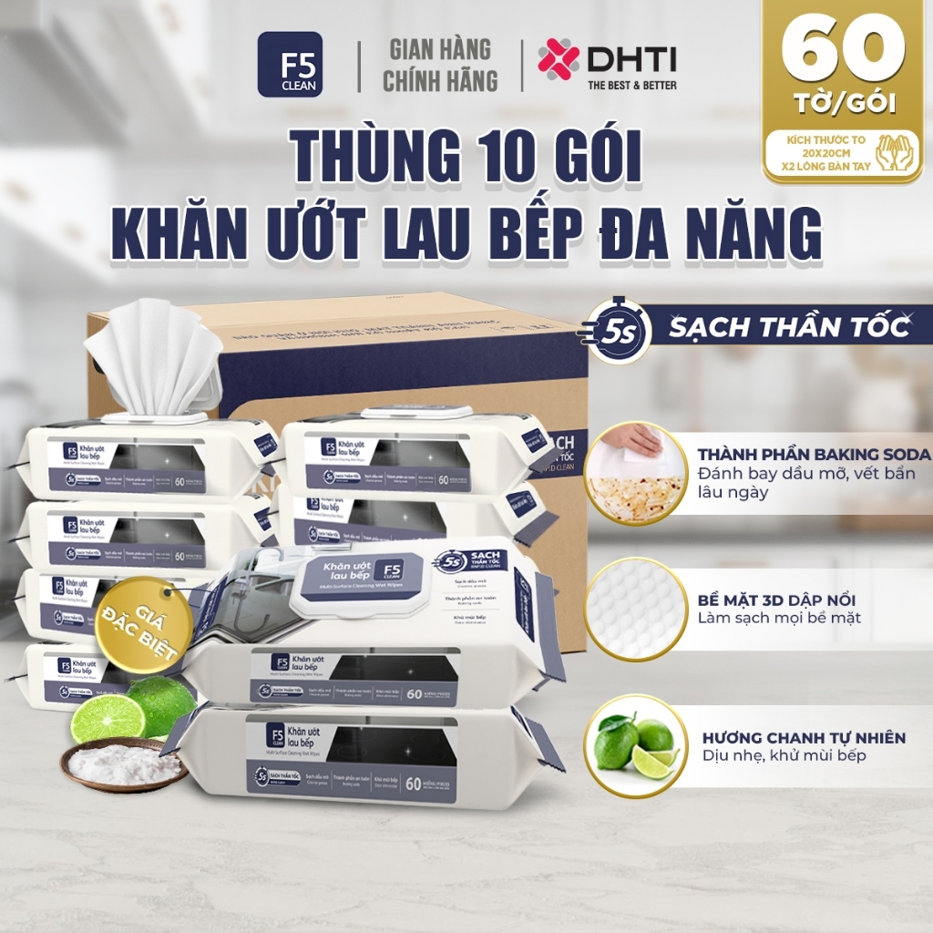 THÙNG Khăn ướt lau bếp F5 CLEAN Size To 20X20cm sạch bóng mọi bề mặt đa năng, thần tốc từ thành phần