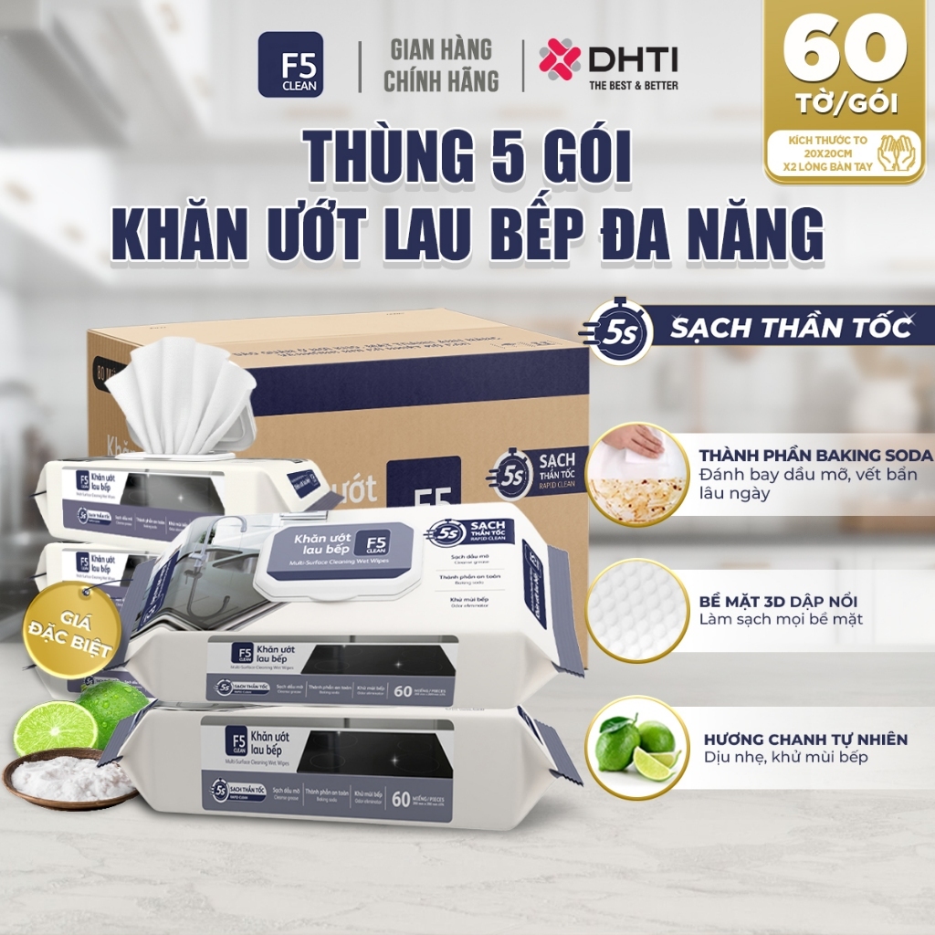 THÙNG 5 GÓI Khăn ướt lau bếp F5 CLEAN Size To 20x20cm sạch mọi bề mặt bếp đa năng, thần tốc, thành p