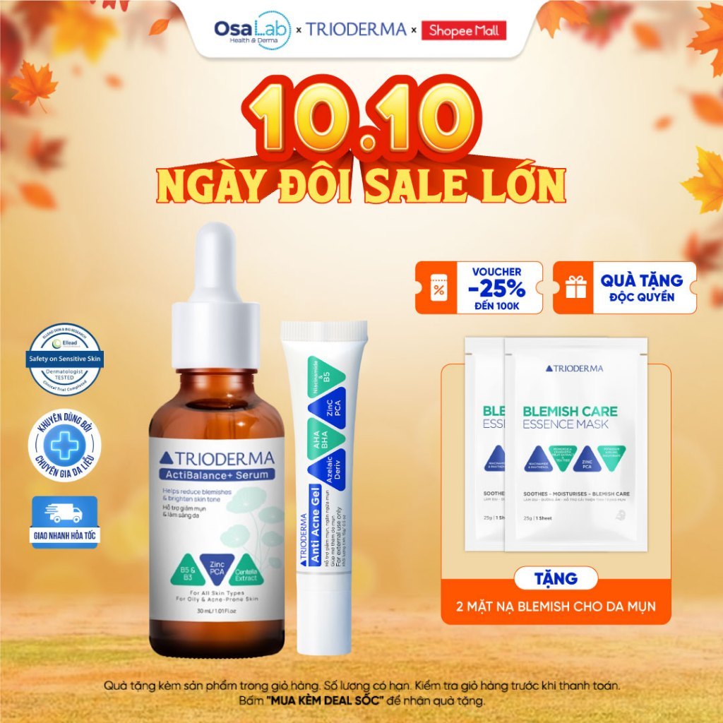 Combo gel chấm mụn và serum Trioderma mờ thâm sáng da chính hãng, dành cho da dầu mụn hỗ trợ cải thiện tình trạng mụn