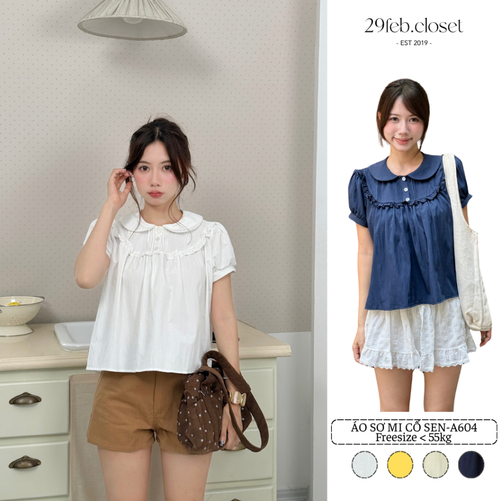 Áo sơ mi nữ cổ sen phối bèo ngực, Áo kiểu sơ mi cổ sen dễ thương dành cho mùa hè - 29feb.closet - A604