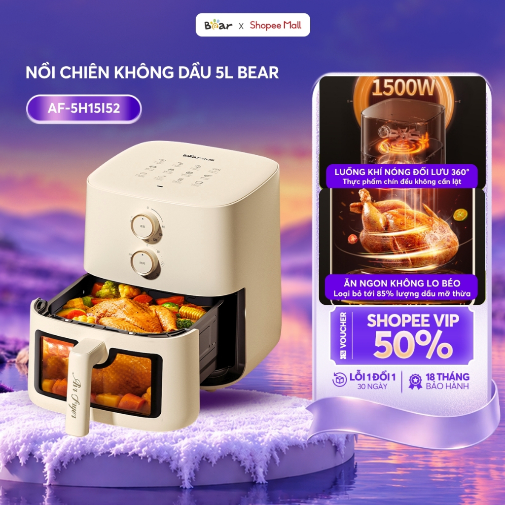 Nồi Chiên Không Dầu Bear 5L Lò Nướng Nồi Chiên Nướng Không Cần Lật Cửa Kính…