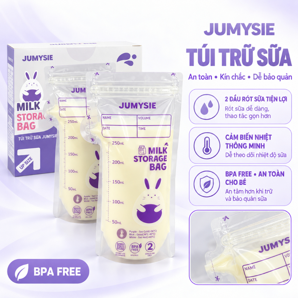 Túi Trữ Sữa Jumysie 180ml 250ml, Cảm Biến Nhiệt, Zip 2 Lớp Hạn Chế Rò Rỉ, Hộp 30 Túi